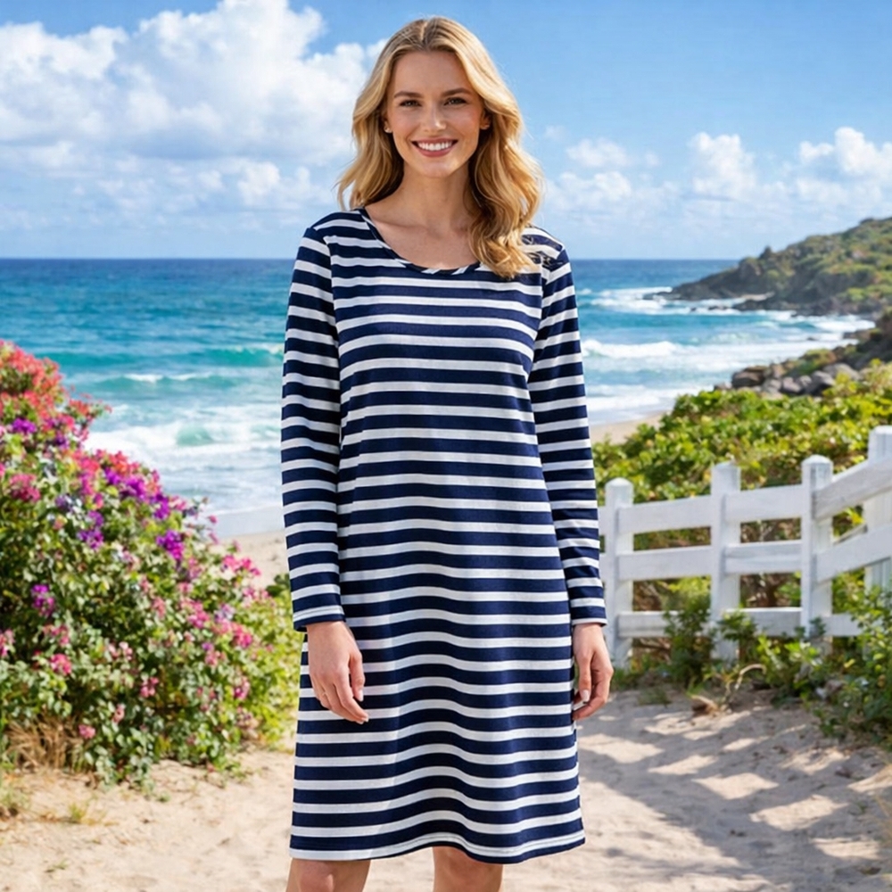 Lands' End 100% Cotton Navy White Stripe Dress Long Sleeve Casual Nautical Midi